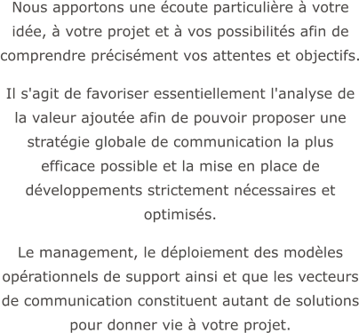 Nous apportons une écoute particulière à votre idée, à votre projet et à vos possibilités afin de comprendre précisément vos attentes et objectifs.  Il s'agit de favoriser essentiellement l'analyse de la valeur ajoutée afin de pouvoir proposer une stratégie globale de communication la plus efficace possible et la mise en place de développements strictement nécessaires et optimisés.  Le management, le déploiement des modèles opérationnels de support ainsi et que les vecteurs de communication constituent autant de solutions pour donner vie à votre projet.